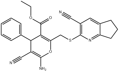 ethyl 6-amino-5-cyano-2-{[(3-cyano-6,7-dihydro-5H-cyclopenta[b]pyridin-2-yl)sulfanyl]methyl}-4-phenyl-4H-pyran-3-carboxylate Struktur