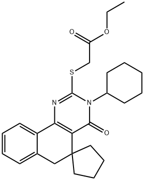 3-cyclohexyl-2-{[2-(ethyloxy)-2-oxoethyl]sulfanyl}-4-oxo-3,4,5,6-tetrahydrospiro(benzo[h]quinazoline-5,1'-cyclopentane) Struktur