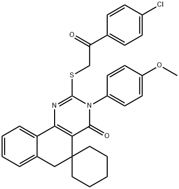 2-{[2-(4-chlorophenyl)-2-oxoethyl]sulfanyl}-3-(4-methoxyphenyl)-5,6-dihydrospiro(benzo[h]quinazoline-5,1'-cyclohexane)-4(3H)-one Struktur