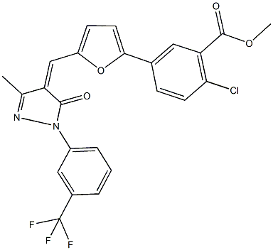 methyl 2-chloro-5-[5-({3-methyl-5-oxo-1-[3-(trifluoromethyl)phenyl]-1,5-dihydro-4H-pyrazol-4-ylidene}methyl)-2-furyl]benzoate Struktur