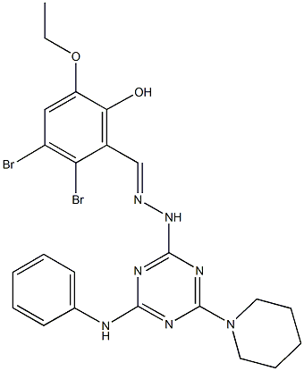 2,3-dibromo-5-ethoxy-6-hydroxybenzaldehyde [4-anilino-6-(1-piperidinyl)-1,3,5-triazin-2-yl]hydrazone Struktur