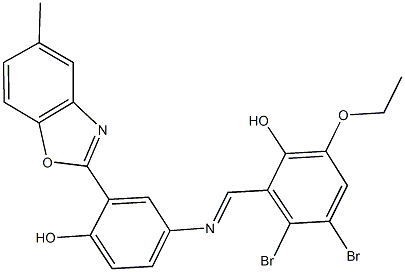 3,4-dibromo-6-ethoxy-2-({[4-hydroxy-3-(5-methyl-1,3-benzoxazol-2-yl)phenyl]imino}methyl)phenol Struktur