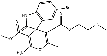 5-(2-methoxyethyl) 3-methyl 2-amino-5'-bromo-1',3'-dihydro-6-methyl-2'-oxospiro[4H-pyran-4,3'-(2'H)-indole]-3,5-dicarboxylate Struktur