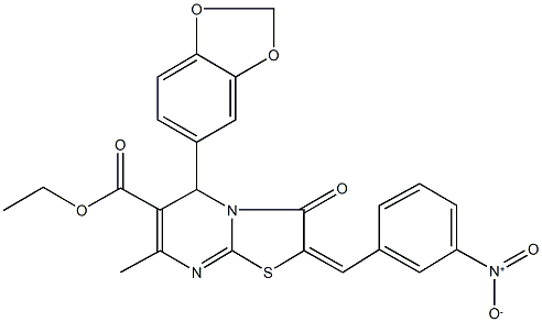 ethyl 5-(1,3-benzodioxol-5-yl)-2-{3-nitrobenzylidene}-7-methyl-3-oxo-2,3-dihydro-5H-[1,3]thiazolo[3,2-a]pyrimidine-6-carboxylate Struktur