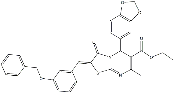 ethyl 5-(1,3-benzodioxol-5-yl)-2-[3-(benzyloxy)benzylidene]-7-methyl-3-oxo-2,3-dihydro-5H-[1,3]thiazolo[3,2-a]pyrimidine-6-carboxylate Struktur