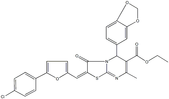 ethyl 5-(1,3-benzodioxol-5-yl)-2-{[5-(4-chlorophenyl)-2-furyl]methylene}-7-methyl-3-oxo-2,3-dihydro-5H-[1,3]thiazolo[3,2-a]pyrimidine-6-carboxylate Struktur