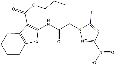 propyl 2-[({3-nitro-5-methyl-1H-pyrazol-1-yl}acetyl)amino]-4,5,6,7-tetrahydro-1-benzothiophene-3-carboxylate Struktur