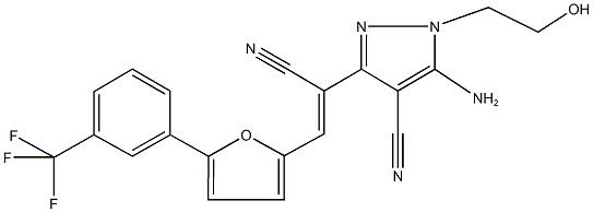 5-amino-3-(1-cyano-2-{5-[3-(trifluoromethyl)phenyl]-2-furyl}vinyl)-1-(2-hydroxyethyl)-1H-pyrazole-4-carbonitrile Struktur