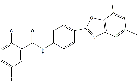 2-chloro-N-[4-(5,7-dimethyl-1,3-benzoxazol-2-yl)phenyl]-5-iodobenzamide Struktur