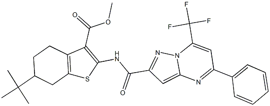 methyl 6-tert-butyl-2-({[5-phenyl-7-(trifluoromethyl)pyrazolo[1,5-a]pyrimidin-2-yl]carbonyl}amino)-4,5,6,7-tetrahydro-1-benzothiophene-3-carboxylate Struktur