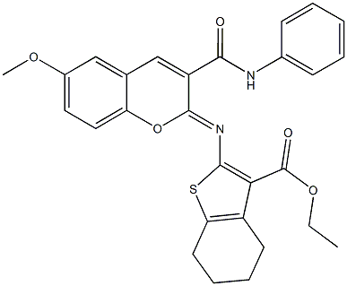 ethyl 2-{[3-(anilinocarbonyl)-6-methoxy-2H-chromen-2-ylidene]amino}-4,5,6,7-tetrahydro-1-benzothiophene-3-carboxylate Struktur