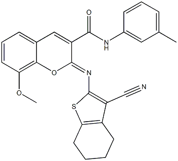 2-[(3-cyano-4,5,6,7-tetrahydro-1-benzothien-2-yl)imino]-8-methoxy-N-(3-methylphenyl)-2H-chromene-3-carboxamide Struktur