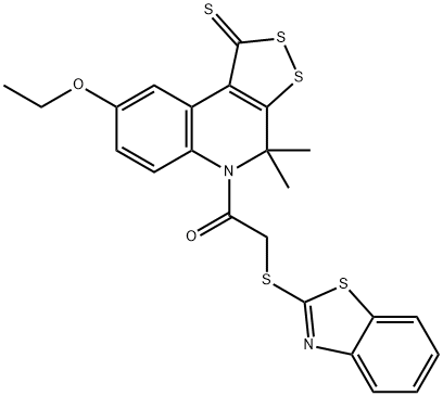 5-[(1,3-benzothiazol-2-ylsulfanyl)acetyl]-8-ethoxy-4,4-dimethyl-4,5-dihydro-1H-[1,2]dithiolo[3,4-c]quinoline-1-thione Struktur