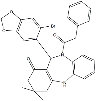 11-(6-bromo-1,3-benzodioxol-5-yl)-3,3-dimethyl-10-(phenylacetyl)-2,3,4,5,10,11-hexahydro-1H-dibenzo[b,e][1,4]diazepin-1-one Struktur