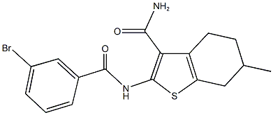 2-[(3-bromobenzoyl)amino]-6-methyl-4,5,6,7-tetrahydro-1-benzothiophene-3-carboxamide Struktur