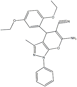 6-amino-4-(2,5-diethoxyphenyl)-3-methyl-1-phenyl-1,4-dihydropyrano[2,3-c]pyrazole-5-carbonitrile Struktur