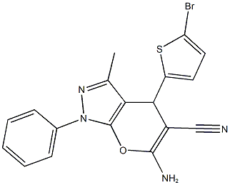 6-amino-4-(5-bromo-2-thienyl)-3-methyl-1-phenyl-1,4-dihydropyrano[2,3-c]pyrazole-5-carbonitrile Struktur