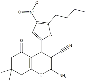 2-amino-4-{5-butyl-4-nitro-2-thienyl}-7,7-dimethyl-5-oxo-5,6,7,8-tetrahydro-4H-chromene-3-carbonitrile Struktur