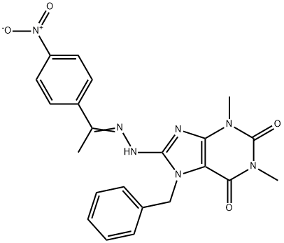 7-benzyl-8-[2-(1-{4-nitrophenyl}ethylidene)hydrazino]-1,3-dimethyl-3,7-dihydro-1H-purine-2,6-dione Struktur