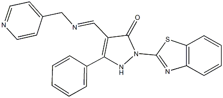 2-(1,3-benzothiazol-2-yl)-5-phenyl-4-{[(4-pyridinylmethyl)imino]methyl}-1,2-dihydro-3H-pyrazol-3-one Struktur