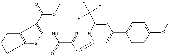 ethyl 2-({[5-(4-methoxyphenyl)-7-(trifluoromethyl)pyrazolo[1,5-a]pyrimidin-2-yl]carbonyl}amino)-5,6-dihydro-4H-cyclopenta[b]thiophene-3-carboxylate Struktur