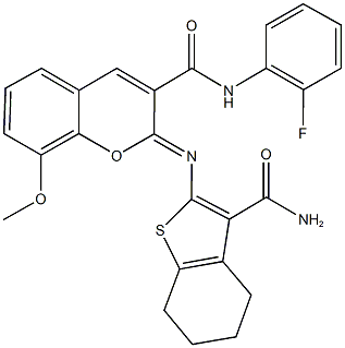 2-{[3-(aminocarbonyl)-4,5,6,7-tetrahydro-1-benzothien-2-yl]imino}-N-(2-fluorophenyl)-8-methoxy-2H-chromene-3-carboxamide Struktur