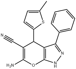 6-amino-4-(5-methyl-2-thienyl)-3-phenyl-1,4-dihydropyrano[2,3-c]pyrazole-5-carbonitrile Struktur