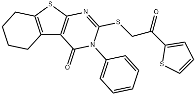 2-{[2-oxo-2-(2-thienyl)ethyl]sulfanyl}-3-phenyl-5,6,7,8-tetrahydro[1]benzothieno[2,3-d]pyrimidin-4(3H)-one Struktur