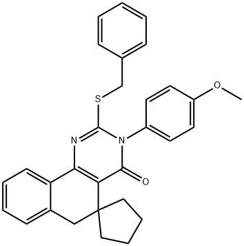 2-(benzylsulfanyl)-3-(4-methoxyphenyl)-5,6-dihydrospiro(benzo[h]quinazoline-5,1'-cyclopentane)-4(3H)-one Struktur