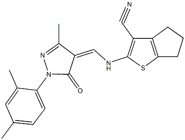 2-({[1-(2,4-dimethylphenyl)-3-methyl-5-oxo-1,5-dihydro-4H-pyrazol-4-ylidene]methyl}amino)-5,6-dihydro-4H-cyclopenta[b]thiophene-3-carbonitrile Struktur