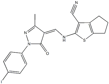 2-({[1-(4-iodophenyl)-3-methyl-5-oxo-1,5-dihydro-4H-pyrazol-4-ylidene]methyl}amino)-5,6-dihydro-4H-cyclopenta[b]thiophene-3-carbonitrile Struktur