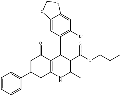 propyl 4-(6-bromo-1,3-benzodioxol-5-yl)-2-methyl-5-oxo-7-phenyl-1,4,5,6,7,8-hexahydro-3-quinolinecarboxylate Struktur