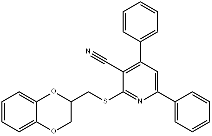 2-[(2,3-dihydro-1,4-benzodioxin-2-ylmethyl)sulfanyl]-4,6-diphenylnicotinonitrile Struktur