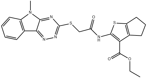 ethyl 2-({[(5-methyl-5H-[1,2,4]triazino[5,6-b]indol-3-yl)sulfanyl]acetyl}amino)-5,6-dihydro-4H-cyclopenta[b]thiophene-3-carboxylate Struktur