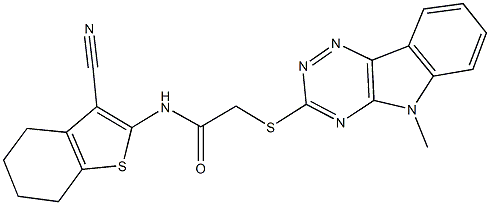 N-(3-cyano-4,5,6,7-tetrahydro-1-benzothien-2-yl)-2-[(5-methyl-5H-[1,2,4]triazino[5,6-b]indol-3-yl)sulfanyl]acetamide Struktur