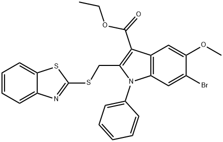 ethyl 2-[(1,3-benzothiazol-2-ylsulfanyl)methyl]-6-bromo-5-methoxy-1-phenyl-1H-indole-3-carboxylate Struktur