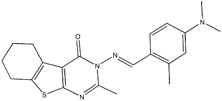 3-{[4-(dimethylamino)-2-methylbenzylidene]amino}-2-methyl-5,6,7,8-tetrahydro[1]benzothieno[2,3-d]pyrimidin-4(3H)-one Struktur