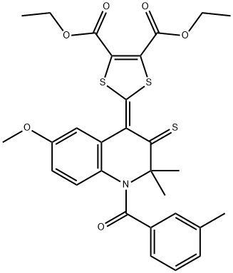 diethyl 2-(6-methoxy-2,2-dimethyl-1-(3-methylbenzoyl)-3-thioxo-2,3-dihydro-4(1H)-quinolinylidene)-1,3-dithiole-4,5-dicarboxylate Struktur