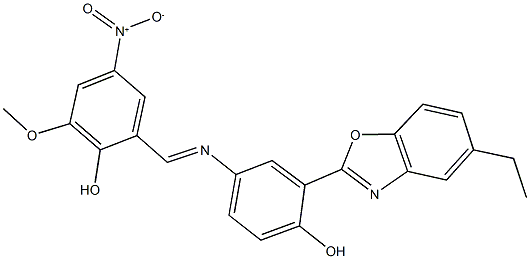 2-({[3-(5-ethyl-1,3-benzoxazol-2-yl)-4-hydroxyphenyl]imino}methyl)-4-nitro-6-methoxyphenol Struktur