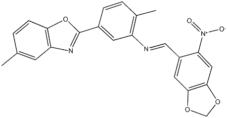 2-{3-[({6-nitro-1,3-benzodioxol-5-yl}methylene)amino]-4-methylphenyl}-5-methyl-1,3-benzoxazole Struktur