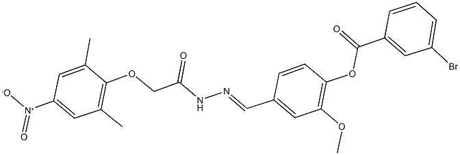 4-[2-({4-nitro-2,6-dimethylphenoxy}acetyl)carbohydrazonoyl]-2-methoxyphenyl 3-bromobenzoate Struktur