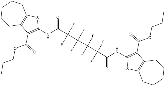 propyl 2-[(2,2,3,3,4,4,5,5-octafluoro-6-oxo-6-{[3-(propoxycarbonyl)-5,6,7,8-tetrahydro-4H-cyclohepta[b]thien-2-yl]amino}hexanoyl)amino]-5,6,7,8-tetrahydro-4H-cyclohepta[b]thiophene-3-carboxylate Struktur