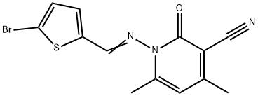 1-{[(5-bromo-2-thienyl)methylene]amino}-4,6-dimethyl-2-oxo-1,2-dihydro-3-pyridinecarbonitrile Struktur