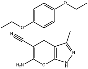 6-amino-4-(2,5-diethoxyphenyl)-3-methyl-1,4-dihydropyrano[2,3-c]pyrazole-5-carbonitrile Struktur