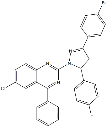 2-[3-(4-bromophenyl)-5-(4-fluorophenyl)-4,5-dihydro-1H-pyrazol-1-yl]-6-chloro-4-phenylquinazoline Struktur