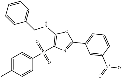 2-{3-nitrophenyl}-4-[(4-methylphenyl)sulfonyl]-5-[(phenylmethyl)amino]-1,3-oxazole Struktur