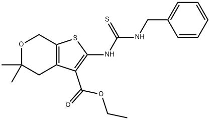 ethyl 2-{[(benzylamino)carbothioyl]amino}-5,5-dimethyl-4,7-dihydro-5H-thieno[2,3-c]pyran-3-carboxylate Struktur