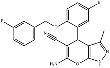 6-amino-4-{5-bromo-2-[(3-fluorobenzyl)oxy]phenyl}-3-methyl-1,4-dihydropyrano[2,3-c]pyrazole-5-carbonitrile Struktur