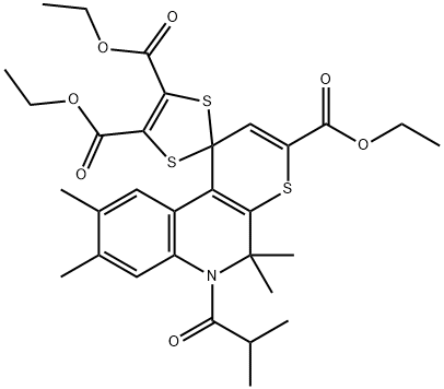 triethyl 6'-isobutyryl-5',5',8',9'-tetramethyl-5',6'-dihydrospiro[1,3-dithiole-2,1'-(1'H)-thiopyrano[2,3-c]quinoline]-3',4,5-tricarboxylate Struktur