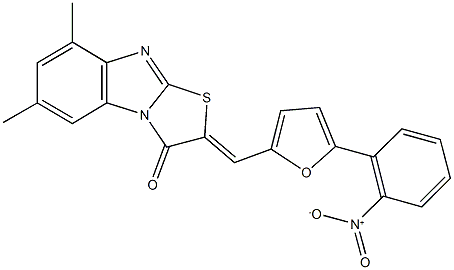 2-[(5-{2-nitrophenyl}-2-furyl)methylene]-6,8-dimethyl[1,3]thiazolo[3,2-a]benzimidazol-3(2H)-one Struktur